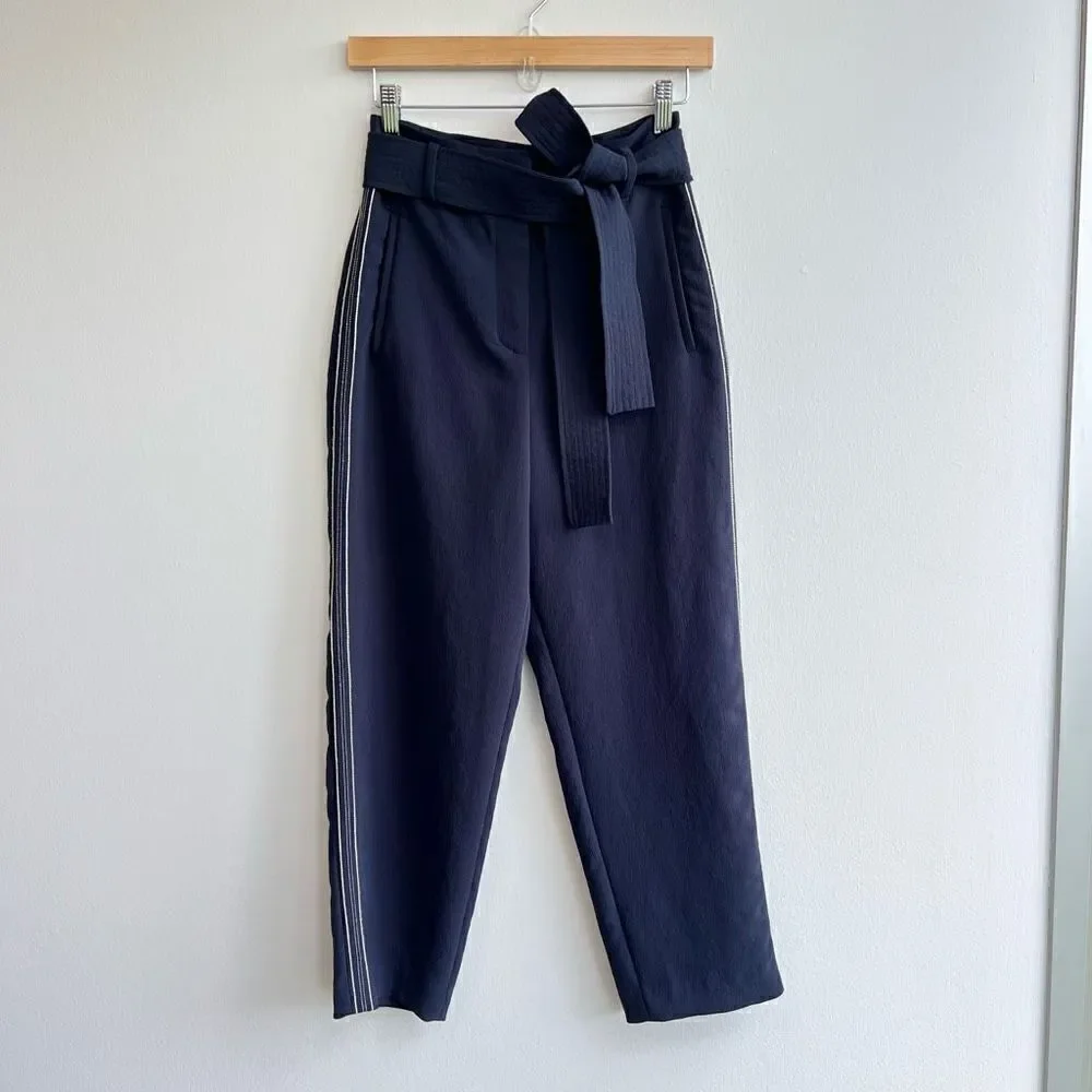 Aritzia Wilfred Women Size 2 Tie Front High Rise Cropped Ankle Blue Pants Belted